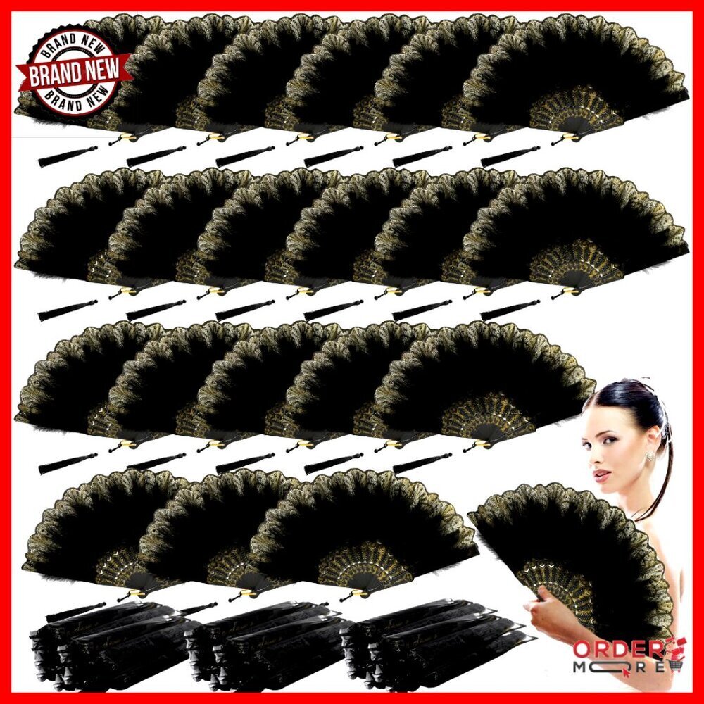 24 Vintage Feather Folding Fans with Lace, Silk, Organza Bags, 9 Inches